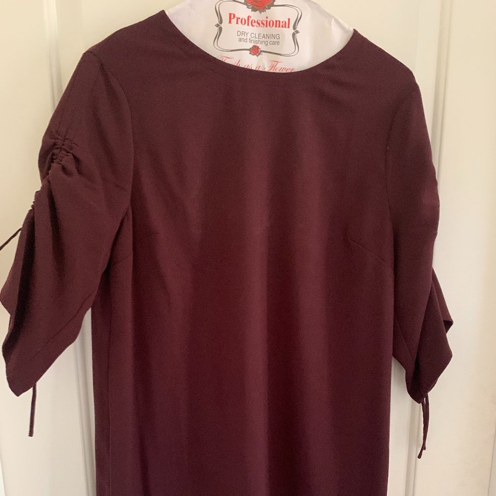 all saints deep purple shift dress with mid length sleeves